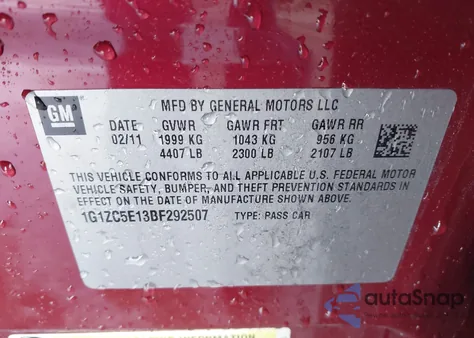 2011 Chevrolet Malibu 1Lt from USA, damaged, VIN 1G1ZC5E13BF292507